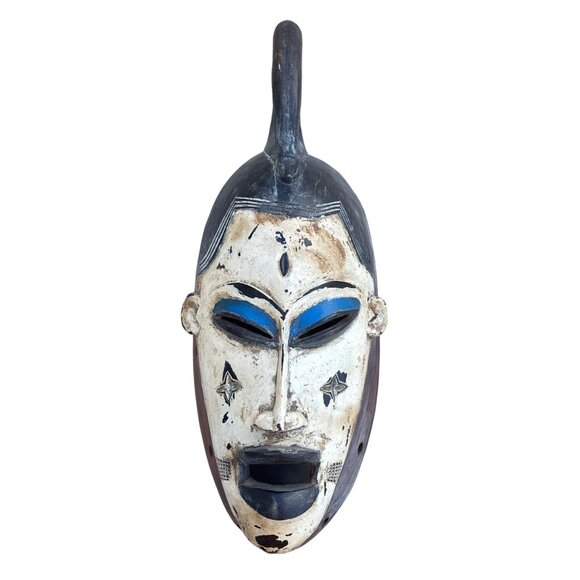 African GURU Tribal Wooden Wall Mask Handcrafted Blue Black 21" Carved